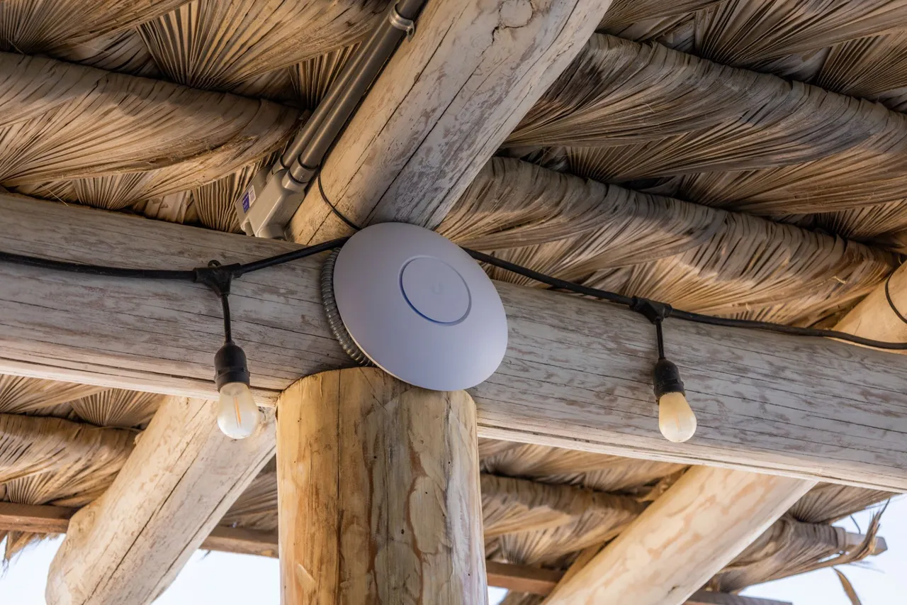 WiFi access point on a palapa beam, next to hanging bulbs